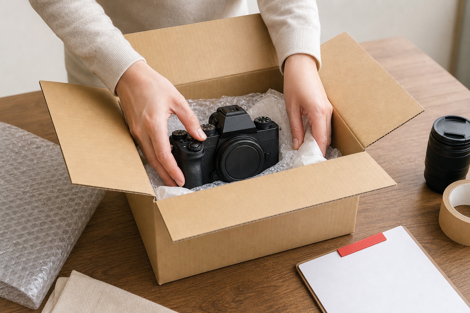 カメラを丁寧に梱包する宅配買取のイメージ